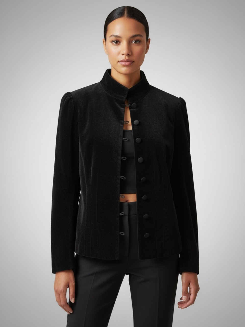 Women's Black Velvet Stand Collar Satin Button-Front Jacket Size 8/10